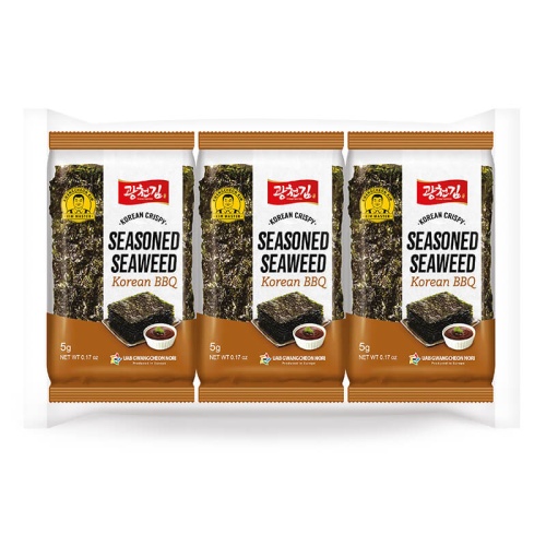 Three Packages of Seasoned Seaweed Snacks – Premium Quality in Brown Packaging with Korean BBQ Flavour