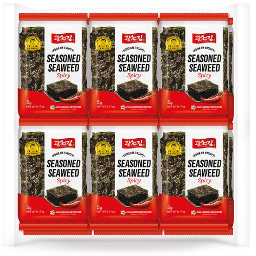 Six Packages of Seasoned Seaweed Snacks – Premium Quality in Vibrant Red Packaging with Spicy Seasoning.