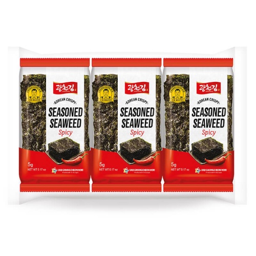 Three Packages of Seasoned Seaweed Snacks – Premium Quality in Vibrant Red Packaging with Spicy Seasoning.