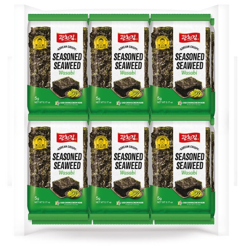 Six Packages of Seasoned Seaweed Snacks – Premium Quality in Vibrant Green Packaging with Distinctive Wasabi Flavor
